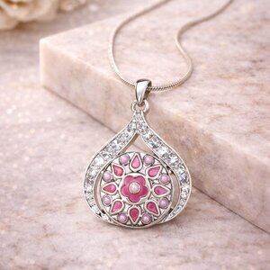 Interchangeable Silver Pink Enamel Flower Snap Pendant Necklace 925 Silver Chain